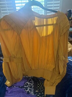 Joie Pleated Balloon-Sleeve Blouse in Yellow Gold